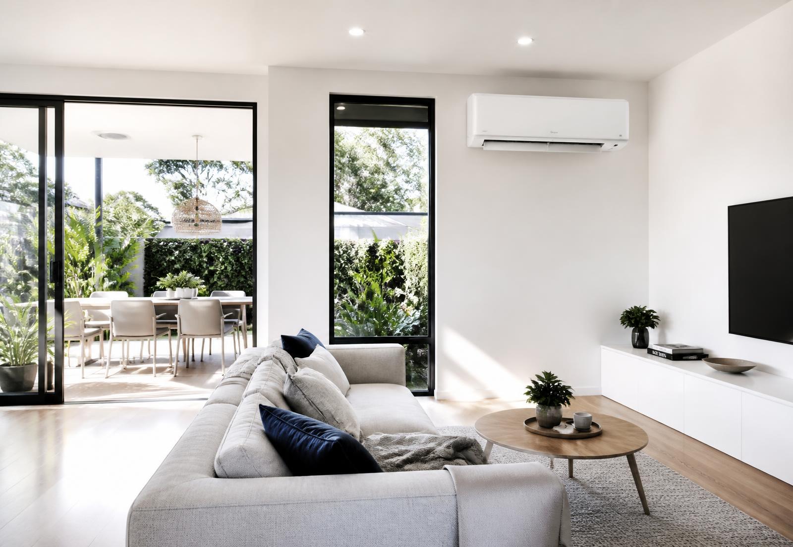Modern Australian living room with a split system air conditioner installed by Astar Air Conditioning